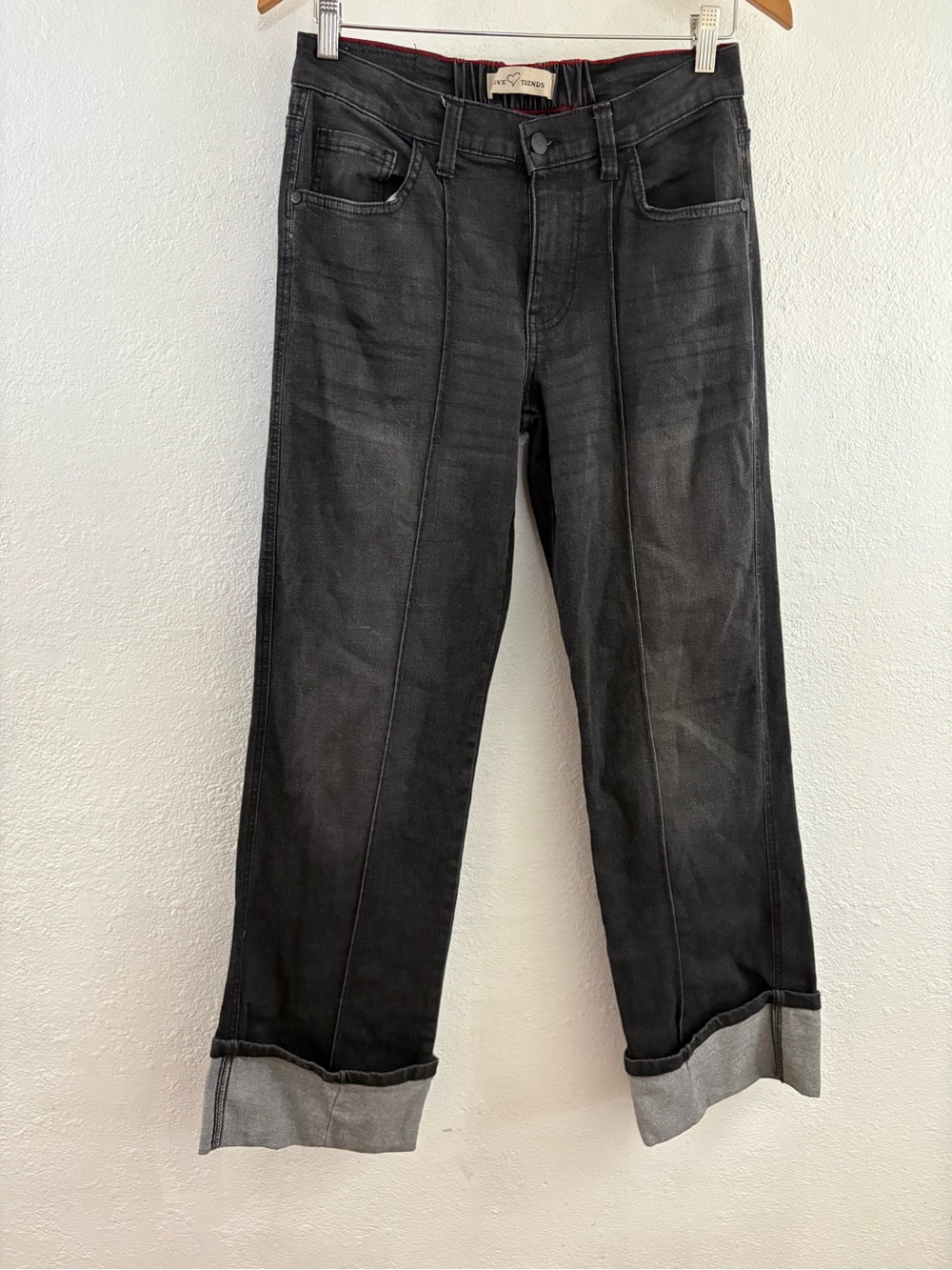 Love Trends washed black wide-leg jeans high contrast grey cuffs size 7